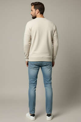 Fitilli Dikiş Detaylı Erkek Sweatshirt Bej - Erkek Sweatshirt