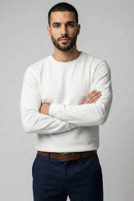 Fitilli Dikiş Detaylı Erkek Sweatshirt Beyaz - BESSE