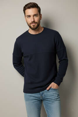Fitilli Dikiş Detaylı Erkek Sweatshirt Lacivert 