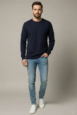 Fitilli Dikiş Detaylı Erkek Sweatshirt Lacivert - Erkek Sweatshirt