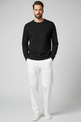 Fitilli Dikiş Detaylı Erkek Sweatshirt Siyah - Erkek Sweatshirt