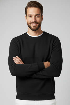 Fitilli Dikiş Detaylı Erkek Sweatshirt Siyah 