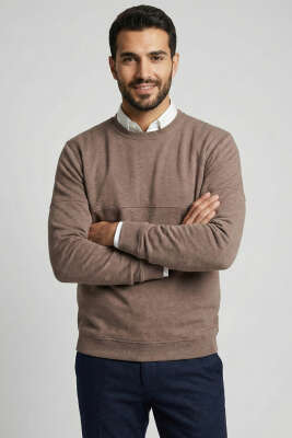 Fitilli Dikiş Detaylı Erkek Sweatshirt Vizon 