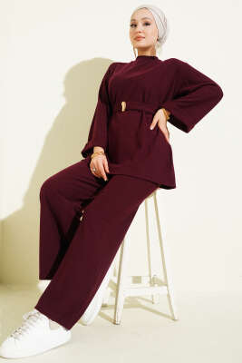 Fitilli Duble Kol Kuşaklı İkili Takım Bordo - DUFON