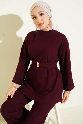 Fitilli Duble Kol Kuşaklı İkili Takım Bordo - İkili Takım