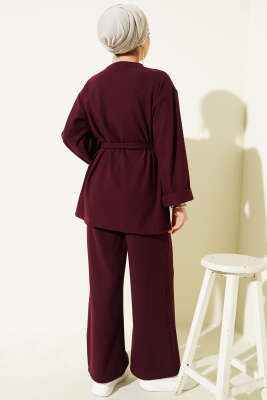 Fitilli Duble Kol Kuşaklı İkili Takım Bordo - İkili Takım