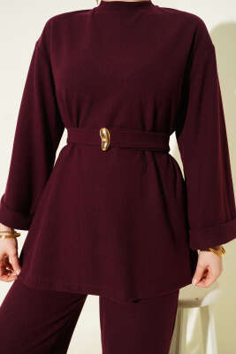Fitilli Duble Kol Kuşaklı İkili Takım Bordo - İkili Takım