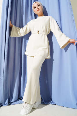 Fitilli Duble Kol Kuşaklı İkili Takım Ekru - DUFON