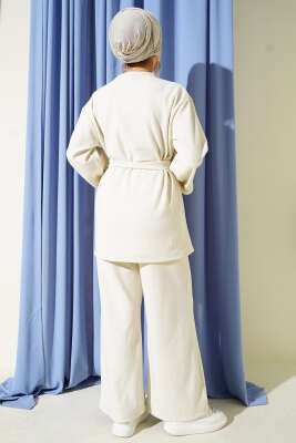 Fitilli Duble Kol Kuşaklı İkili Takım Ekru - İkili Takım