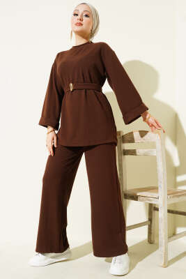 Fitilli Duble Kol Kuşaklı İkili Takım Kahve - DUFON