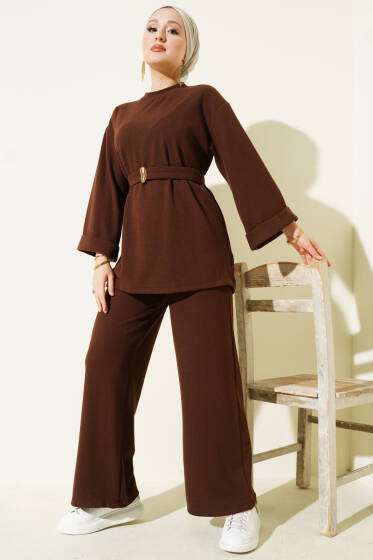 Fitilli Duble Kol Kuşaklı İkili Takım Kahve - İkili Takım