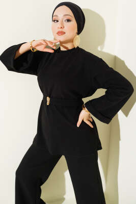 Fitilli Duble Kol Kuşaklı İkili Takım Siyah - İkili Takım