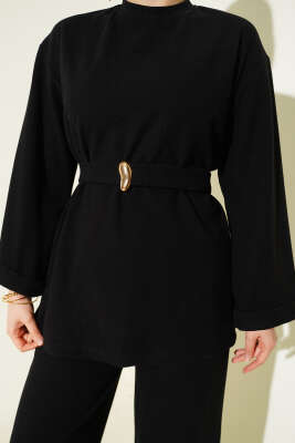 Fitilli Duble Kol Kuşaklı İkili Takım Siyah - İkili Takım