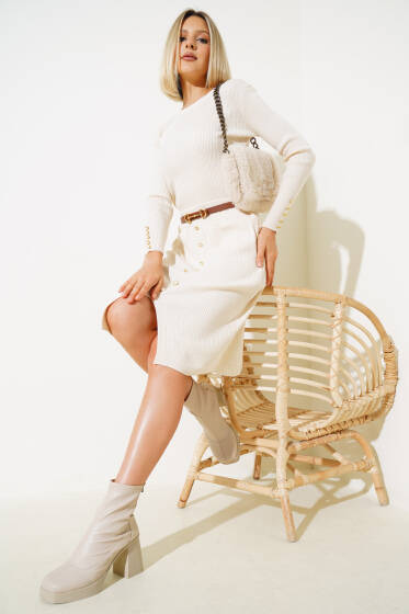 Fitilli Düğme Detaylı Triko İkili Takım Bej - Triko