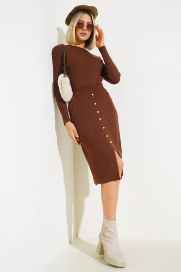 Fitilli Düğme Detaylı Triko İkili Takım Kahve - Triko