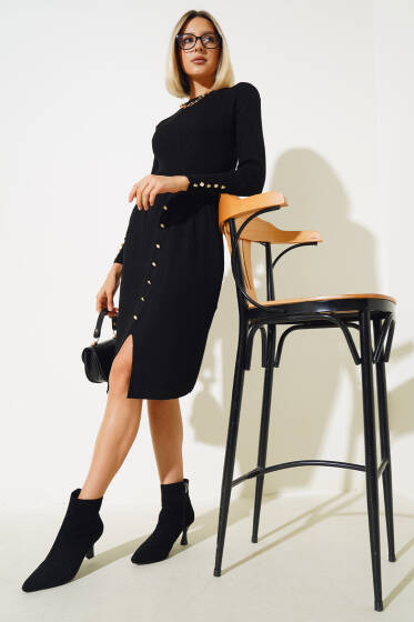 Fitilli Düğme Detaylı Triko İkili Takım Siyah - Triko