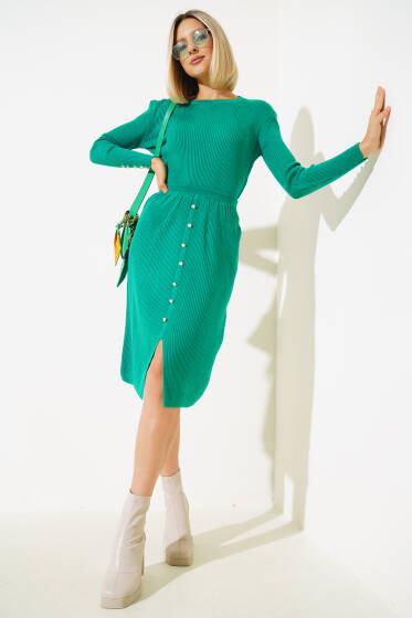 Fitilli Düğme Detaylı Triko İkili Takım Zümrüt - Triko