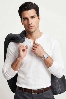 Fitilli Düğmeli Erkek Sweatshirt Beyaz - MARRAKECH