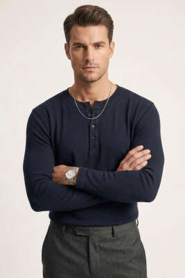 Fitilli Düğmeli Erkek Sweatshirt Lacivert - MARRAKECH