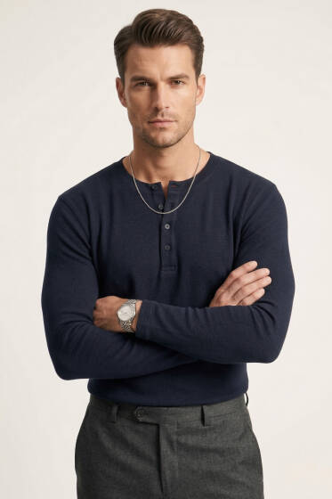 Fitilli Düğmeli Erkek Sweatshirt Lacivert - Erkek Sweatshirt