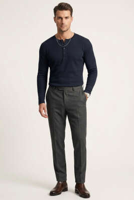 Fitilli Düğmeli Erkek Sweatshirt Lacivert - Erkek Sweatshirt