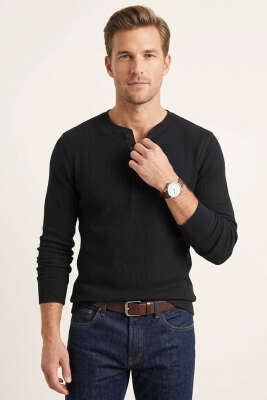 Fitilli Düğmeli Erkek Sweatshirt Siyah - MARRAKECH