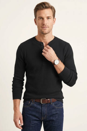 Fitilli Düğmeli Erkek Sweatshirt Siyah - Erkek Sweatshirt