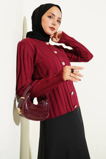 Fitilli Düğmeli Triko Hırka Bordo - Hırka