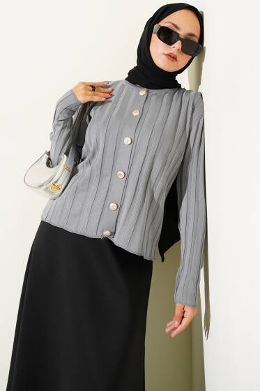 Fitilli Düğmeli Triko Hırka Gri - Hırka