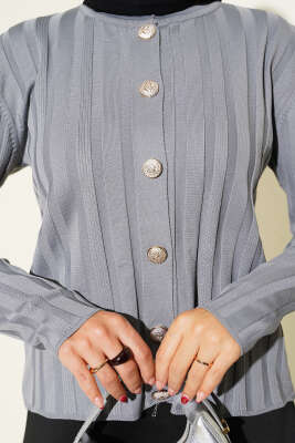 Fitilli Düğmeli Triko Hırka Gri - Yılın Fırsatı