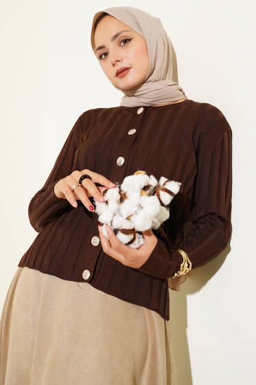 Fitilli Düğmeli Triko Hırka Kahve - Hırka