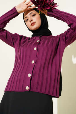 Fitilli Düğmeli Triko Hırka Mürdüm