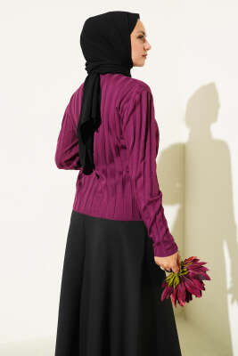 Fitilli Düğmeli Triko Hırka Mürdüm - Yılın Fırsatı