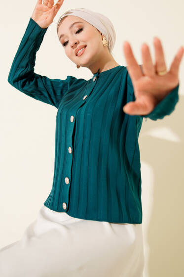 Fitilli Düğmeli Triko Hırka Petrol Yeşili - Yılın Fırsatı