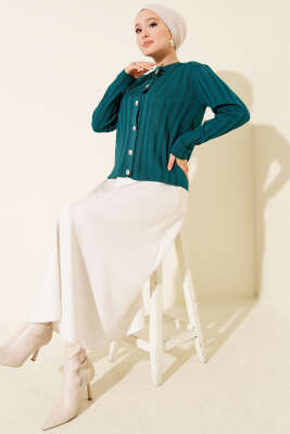 Fitilli Düğmeli Triko Hırka Petrol Yeşili - Yılın Fırsatı