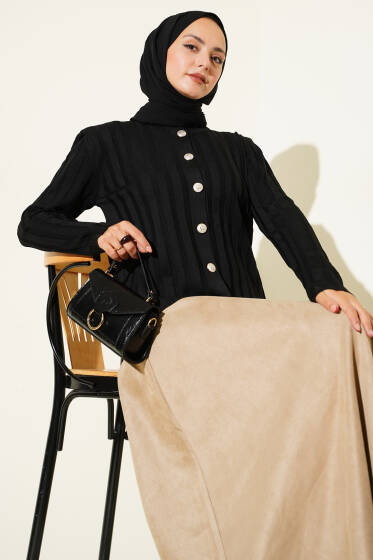 Fitilli Düğmeli Triko Hırka Siyah - Hırka