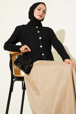 Fitilli Düğmeli Triko Hırka Siyah 