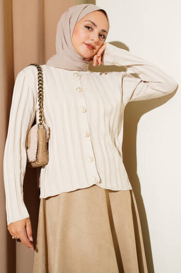 Fitilli Düğmeli Triko Hırka Taş - Hırka