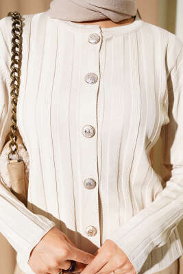 Fitilli Düğmeli Triko Hırka Taş - Yılın Fırsatı