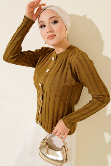 Fitilli Düğmeli Triko Hırka Yağ Yeşili - Hırka