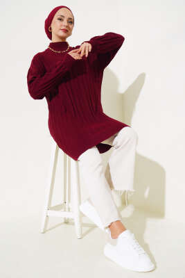 Fitilli Düşük Kol Triko Tunik Bordo - Triko Tunik