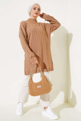 Fitilli Düşük Kol Triko Tunik Büsküvi - Triko Tunik