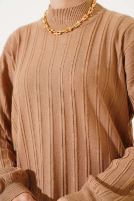 Fitilli Düşük Kol Triko Tunik Büsküvi - Triko Tunik