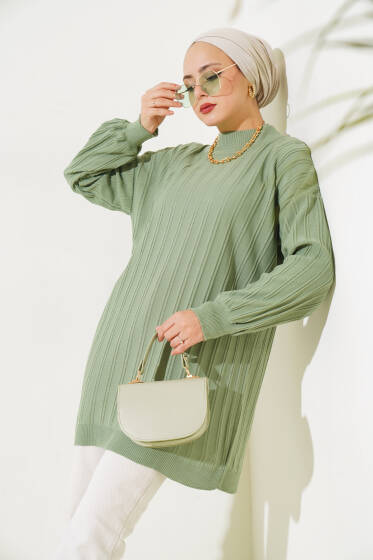 Fitilli Düşük Kol Triko Tunik Çağla Yeşili - Tunik