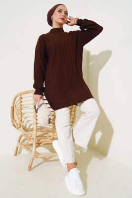 Fitilli Düşük Kol Triko Tunik Kahve - Triko Tunik