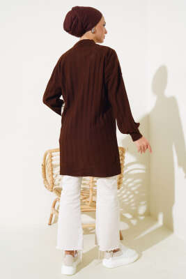 Fitilli Düşük Kol Triko Tunik Kahve - Triko Tunik
