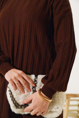 Fitilli Düşük Kol Triko Tunik Kahve - Triko Tunik