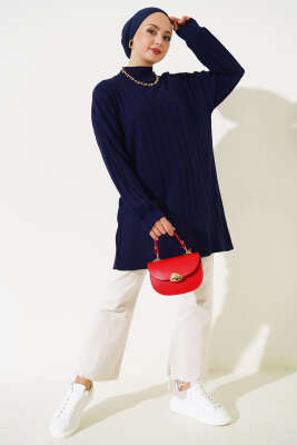 Fitilli Düşük Kol Triko Tunik Lacivert - Triko Tunik