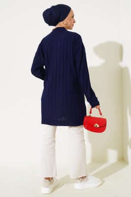 Fitilli Düşük Kol Triko Tunik Lacivert - Triko Tunik