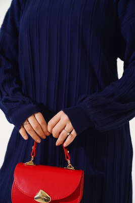 Fitilli Düşük Kol Triko Tunik Lacivert - Triko Tunik